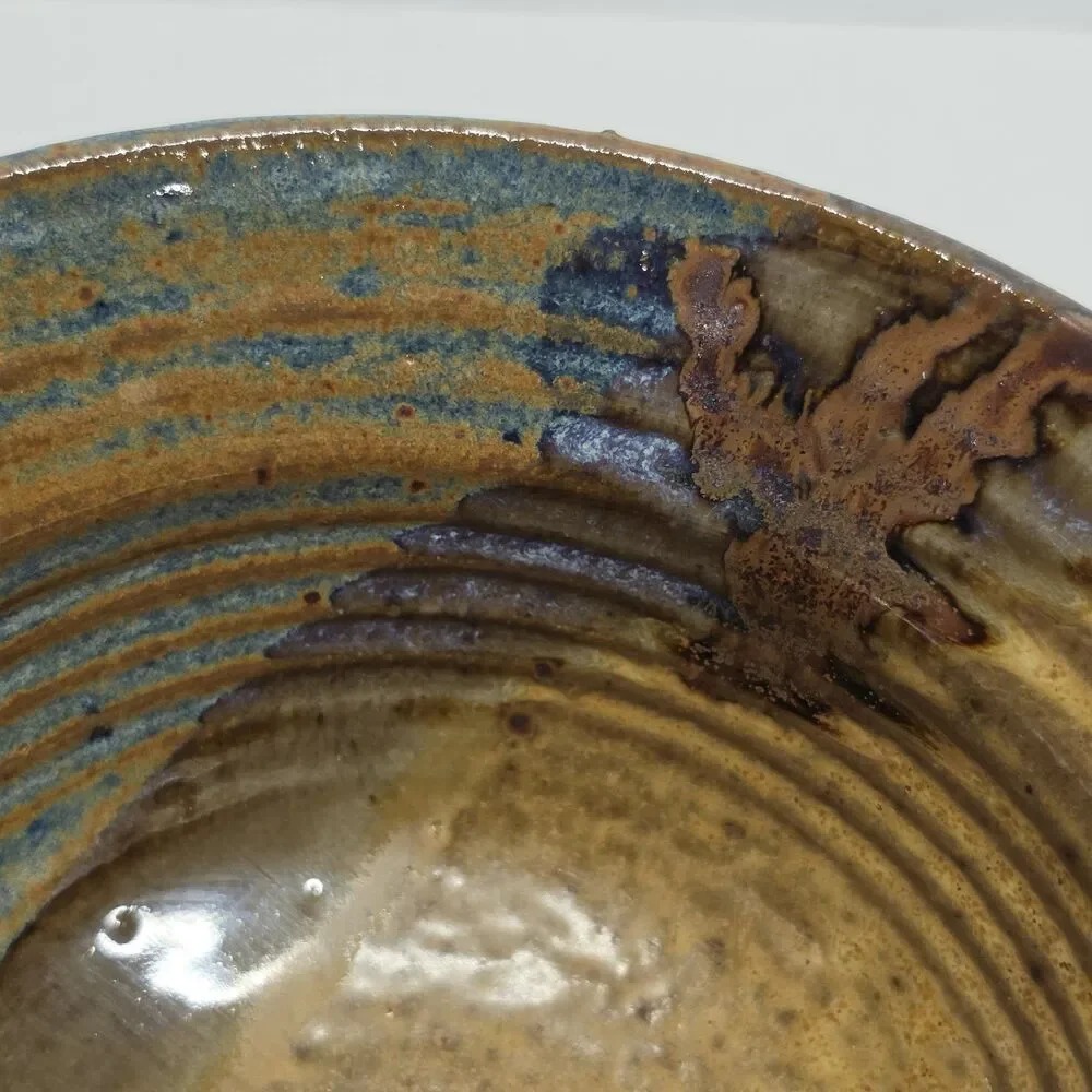 Vintage Studio Pottery Bowl Artist Signed Tan Blue Glazed Cottagecore